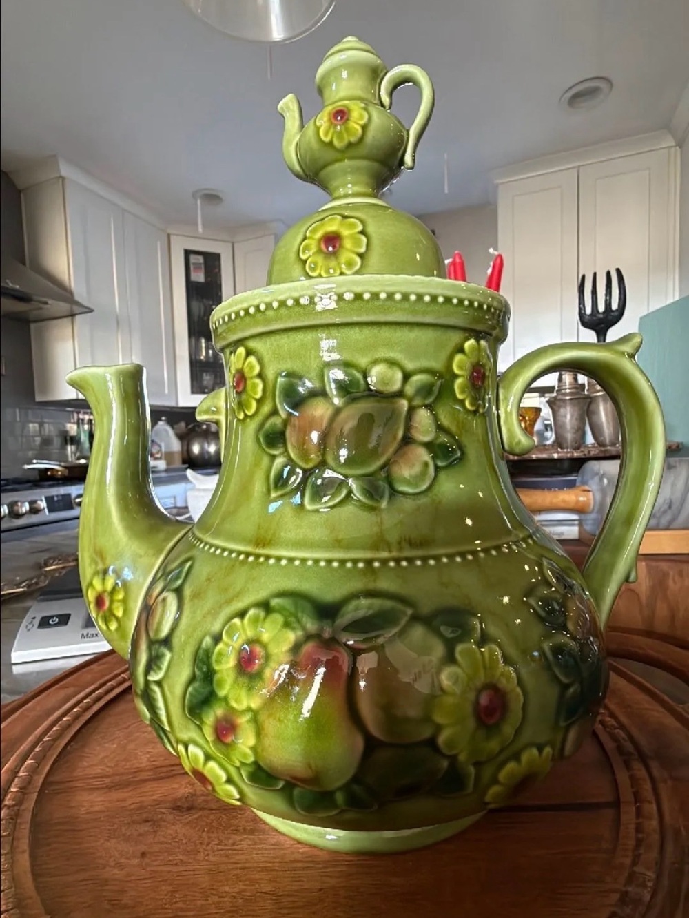 Vintage Japan Majolica Style Teapot Cookie Jar Canister Green Fruit Floral 12 In